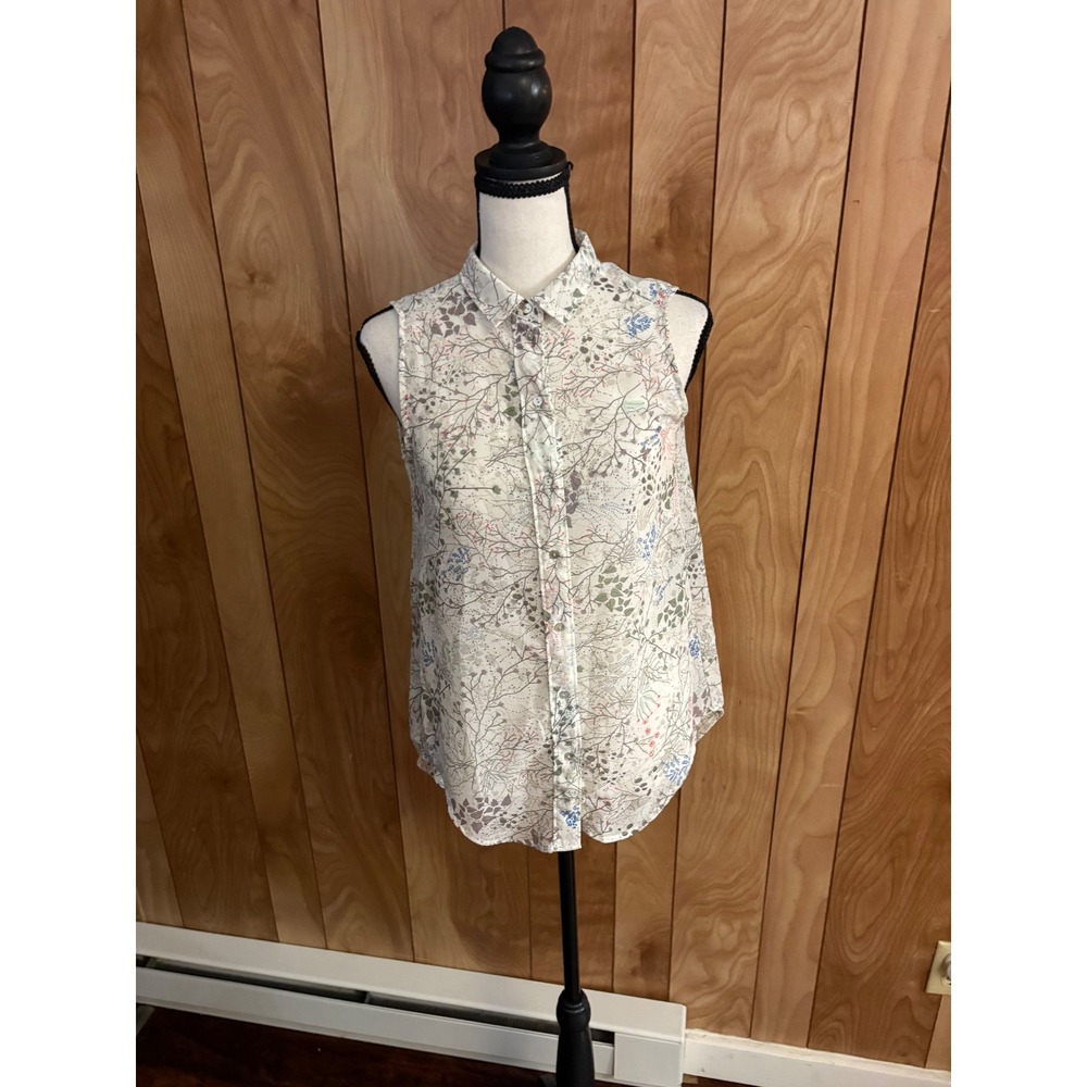 HM Sleeveless Button Down Floral Blouse Cream Green Size 2